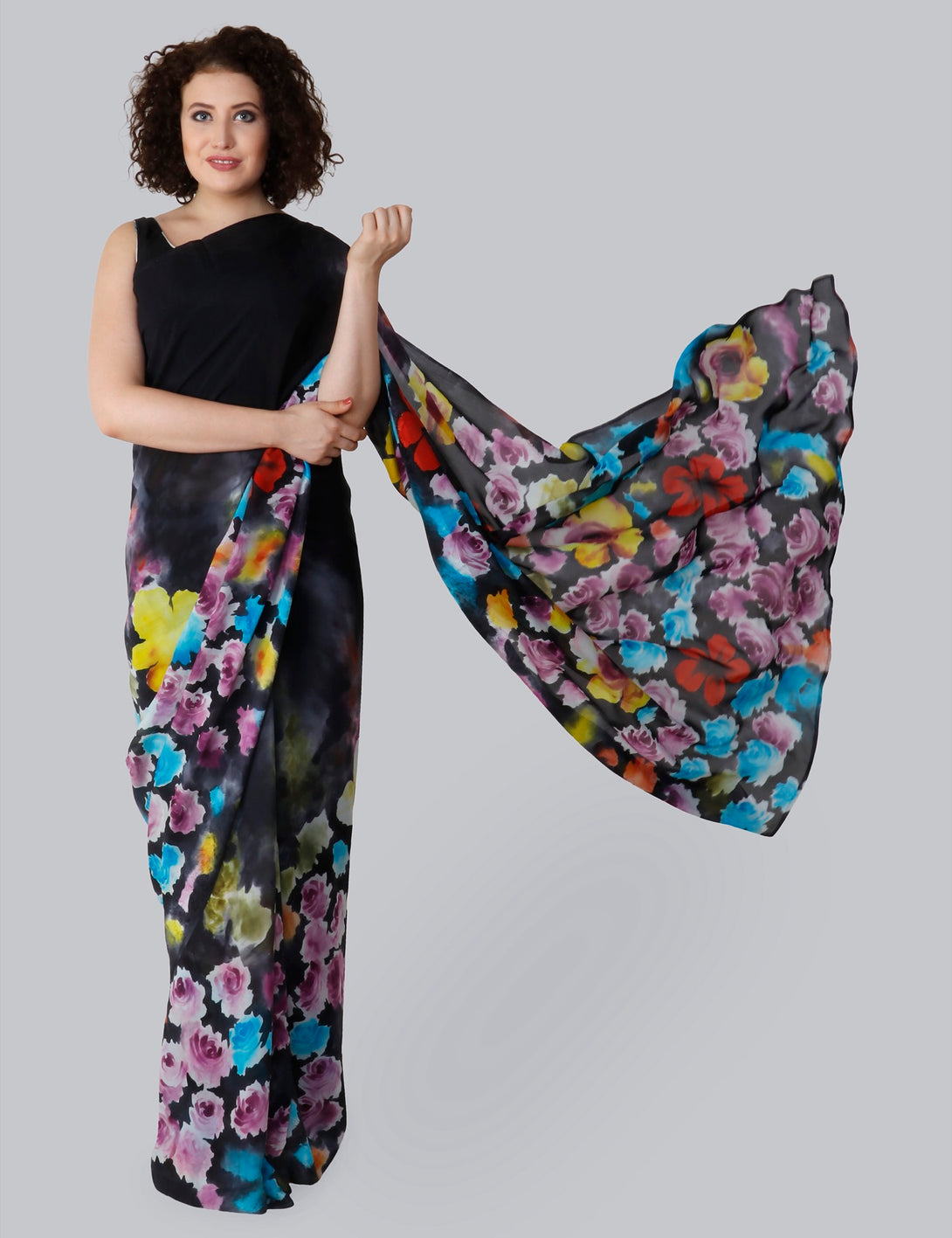 Black Hand Painted Saree, Aster