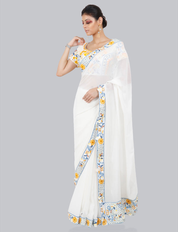 Ivory Hand Embroidered Saree