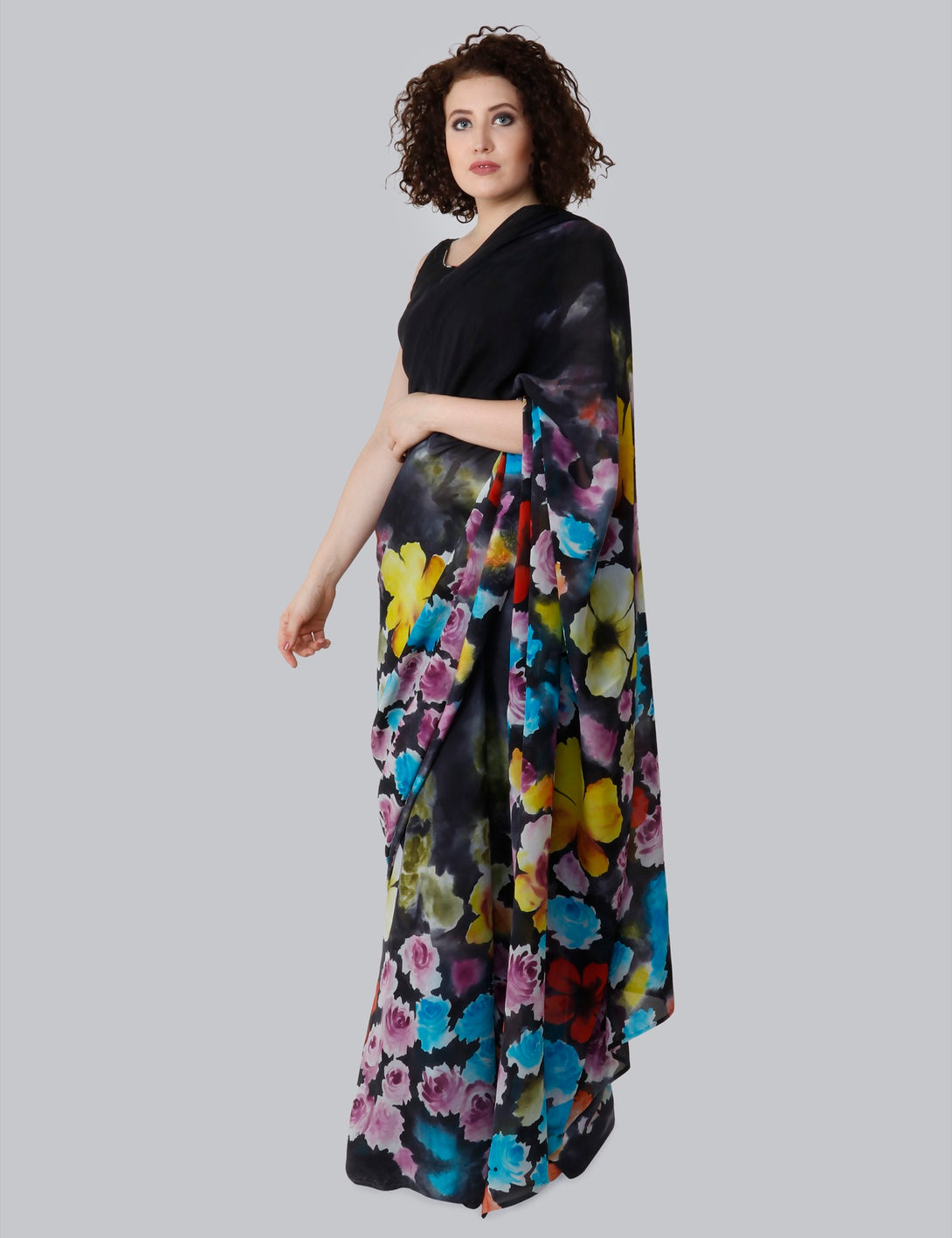 Black Hand Painted Saree, Aster