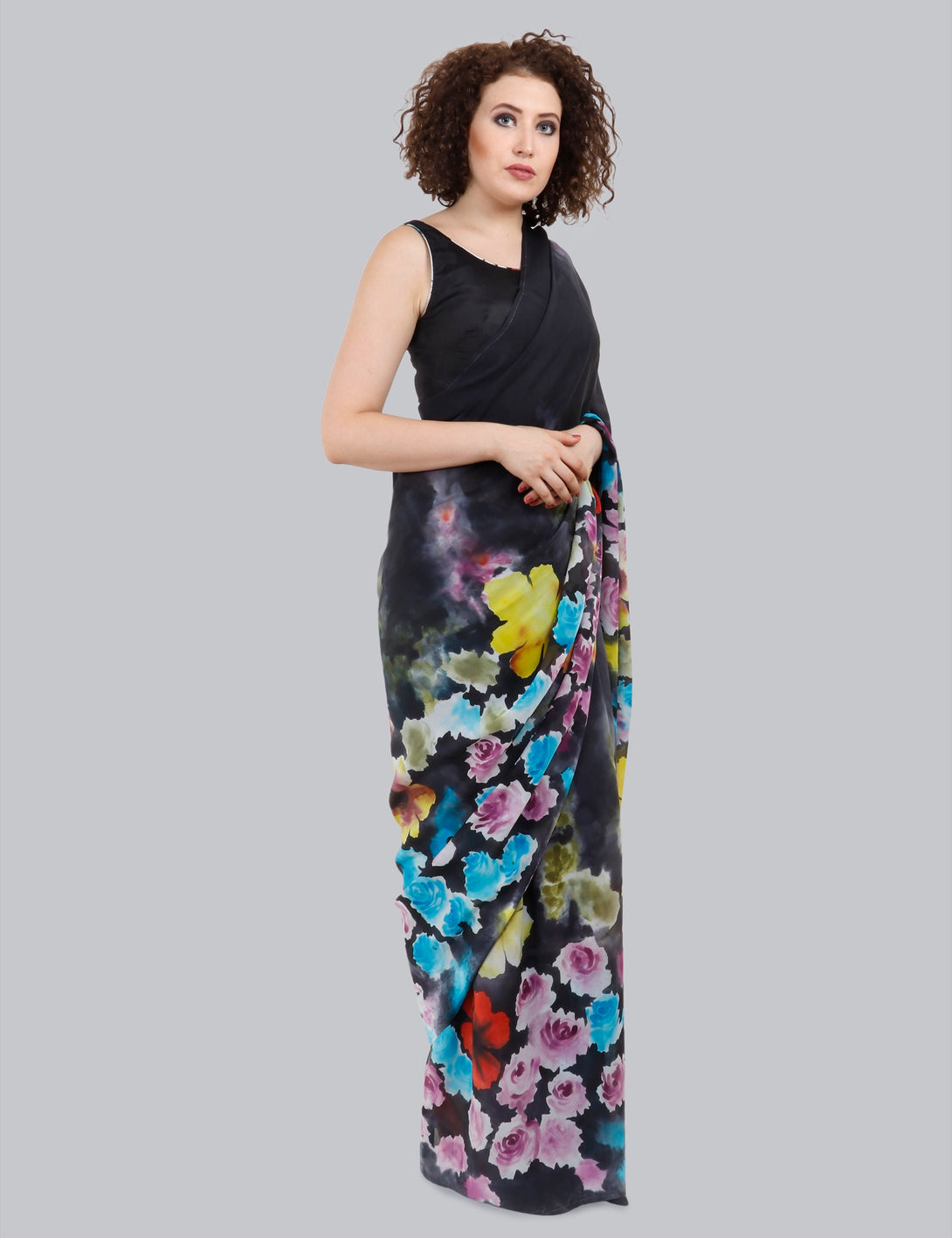 Black Hand Painted Saree, Aster