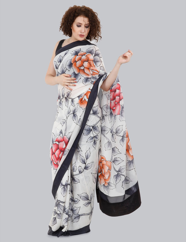 Ivory Hand Painted Saree,Prickly Poppy