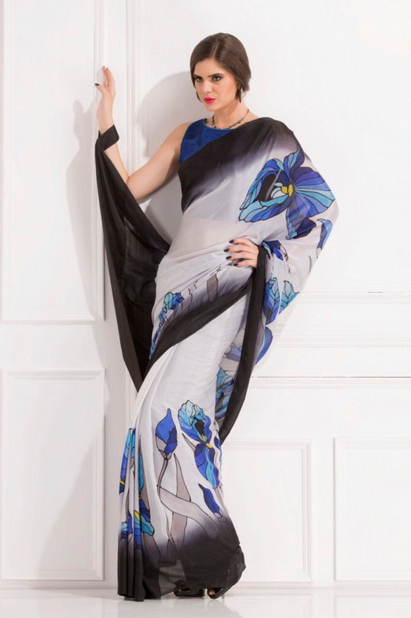 Ivory Hand Painted Saree, Blue Orchid