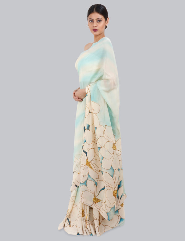 Ivory Hand Painted Saree, Snow Drops