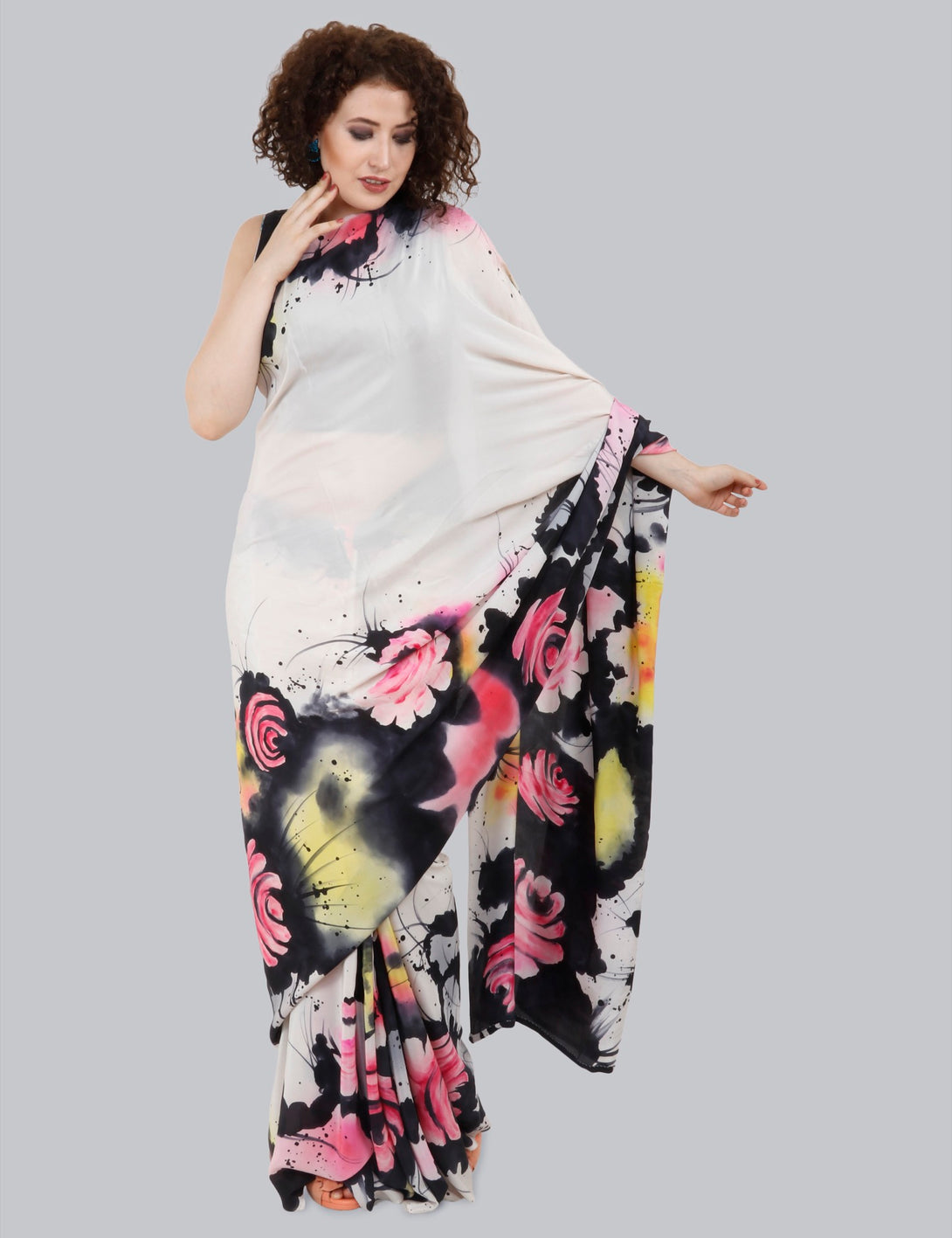 Ivory Hand Painted Saree, Chrysanthemum