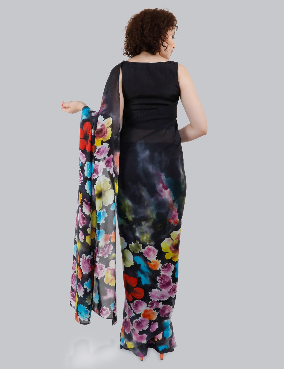 Black Hand Painted Saree, Aster