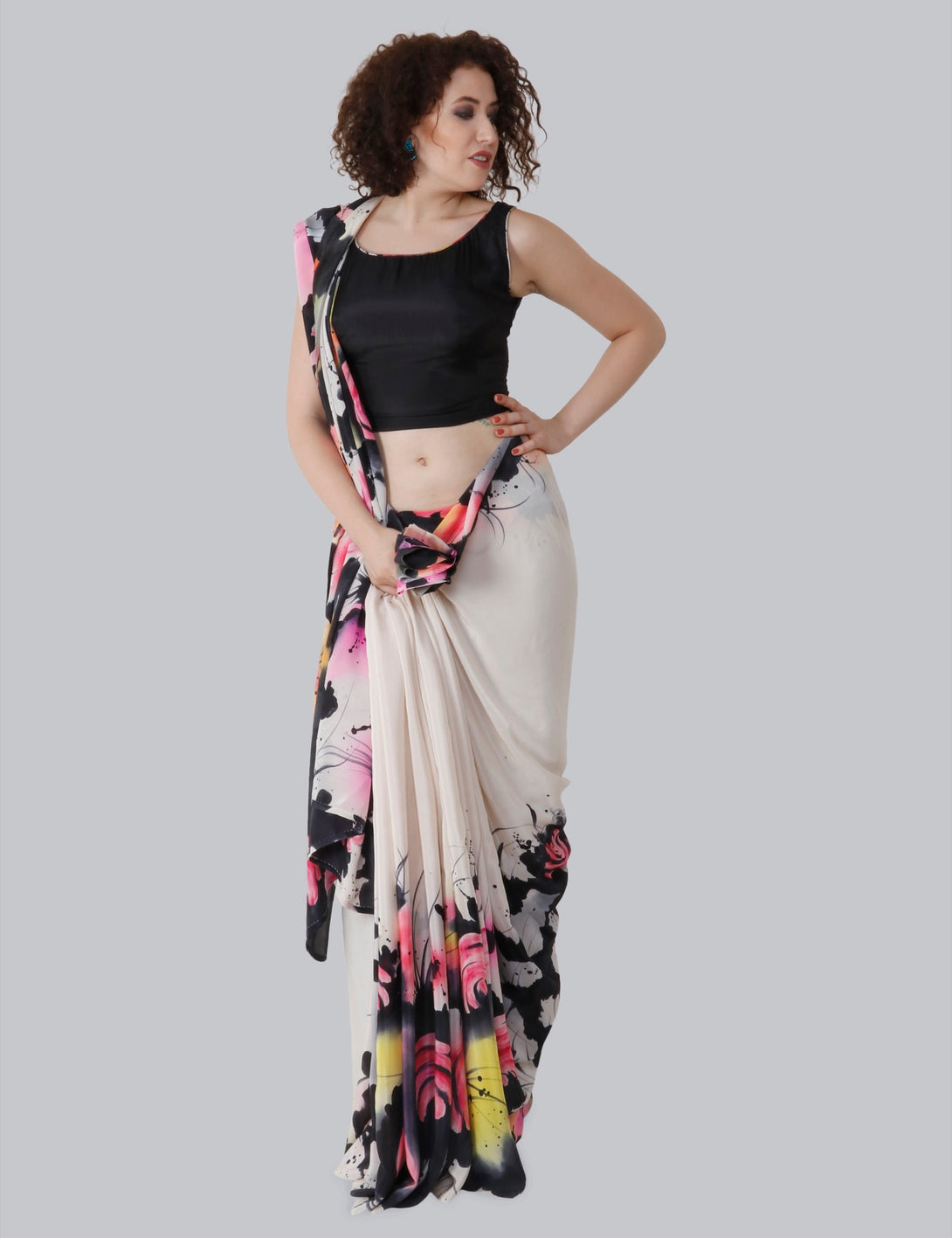 Ivory Hand Painted Saree, Chrysanthemum