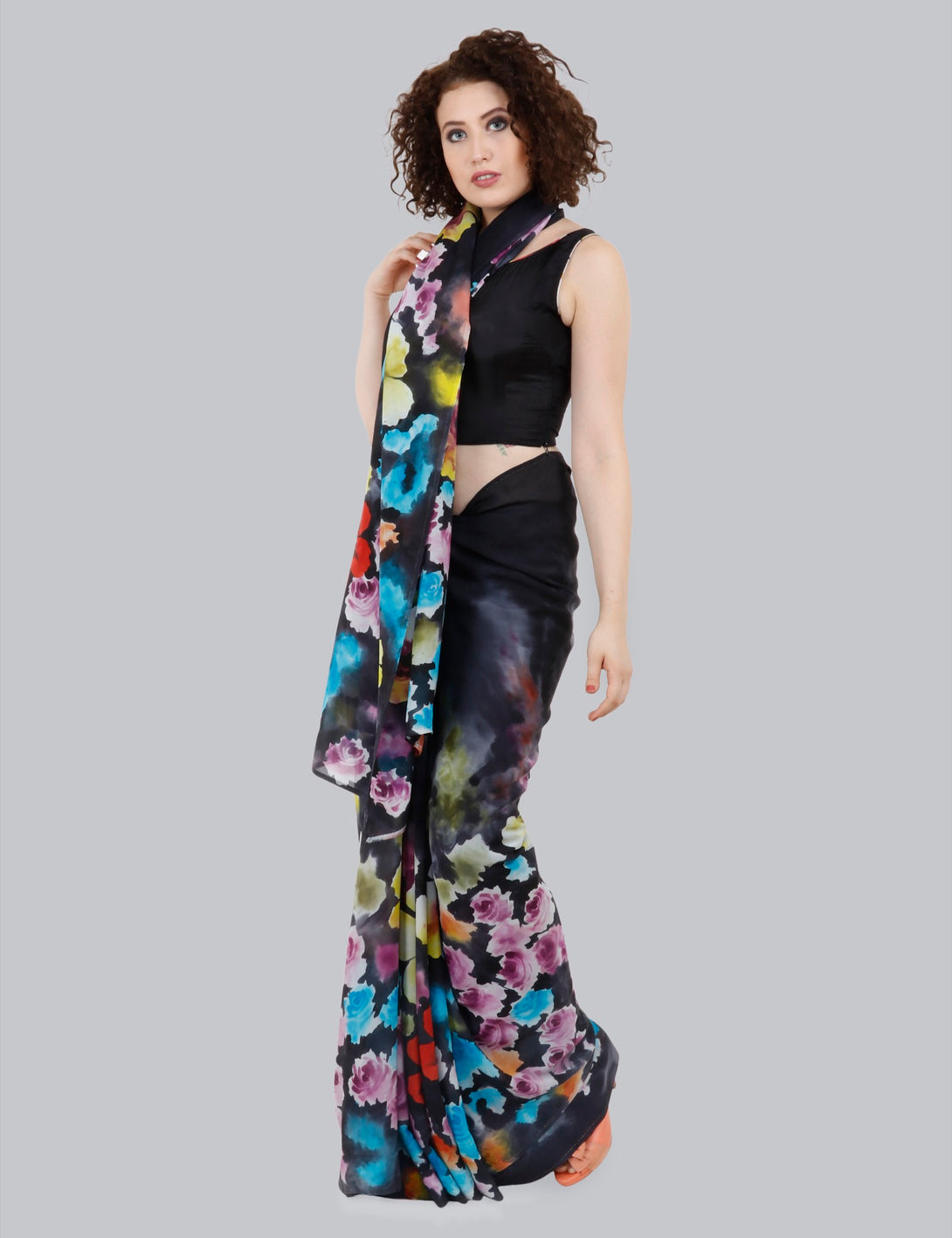 Black Hand Painted Saree, Aster