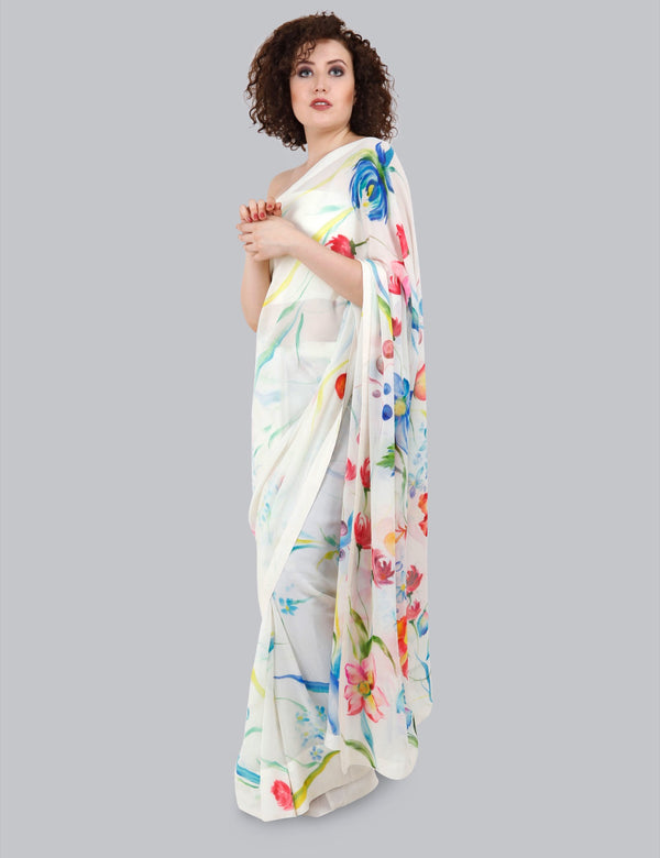 Ivory Hand Painted Saree, Fire Weed