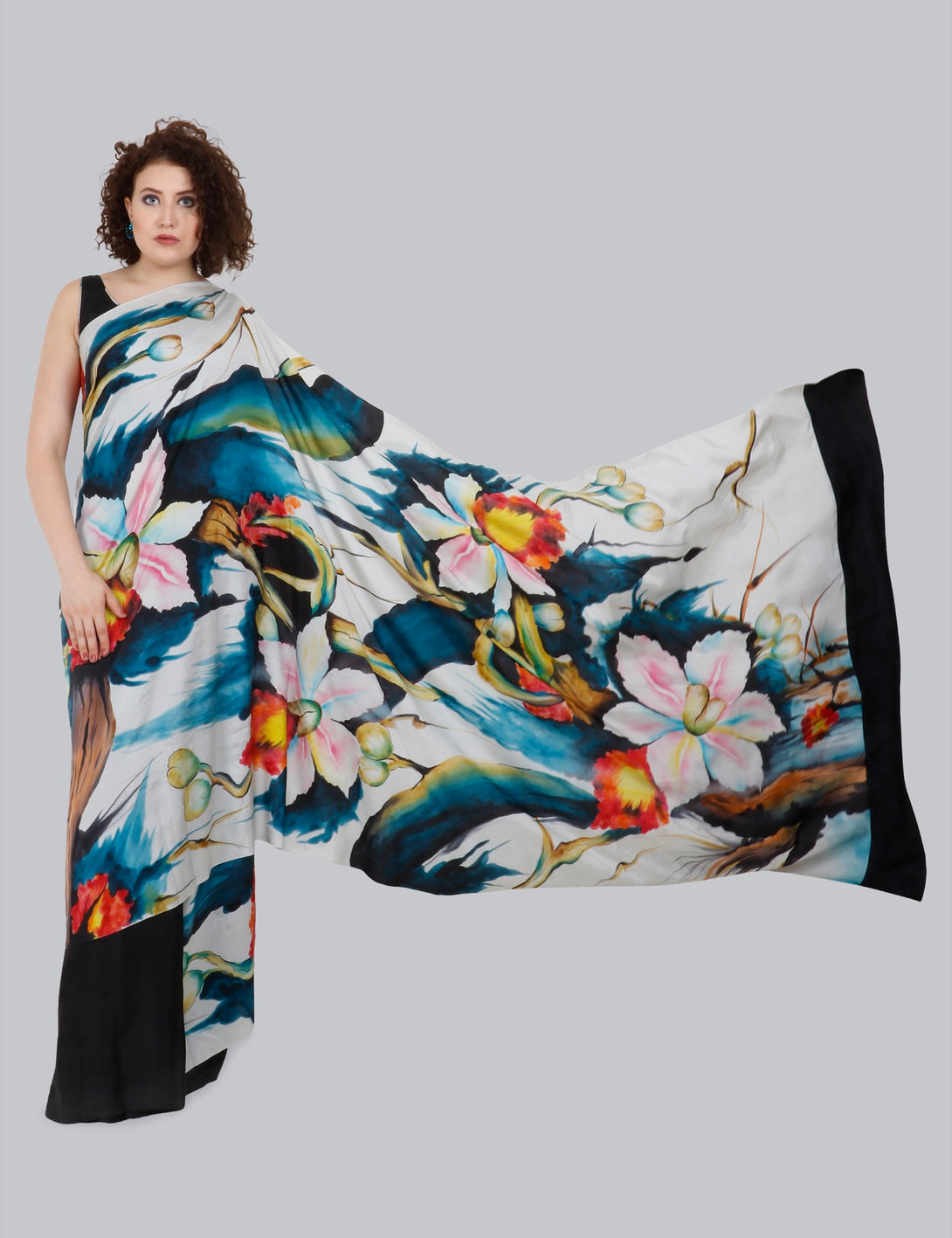 Black & Ivory Hand Painted Saree, Lily Of The Valley