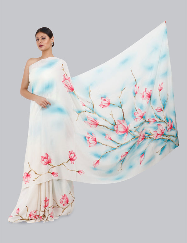 Ivory Hand Painted Saree, Summer Peonies