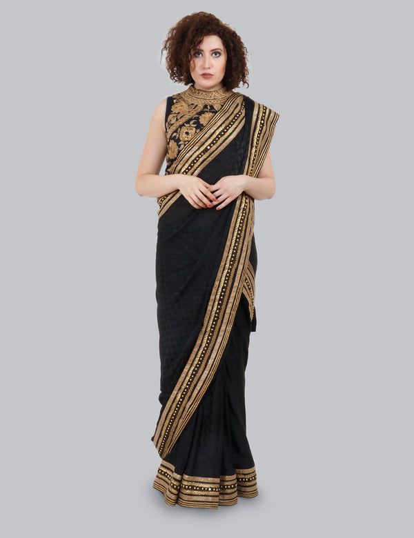 Black Jacquard Hand Embroidered Saree , Ebony