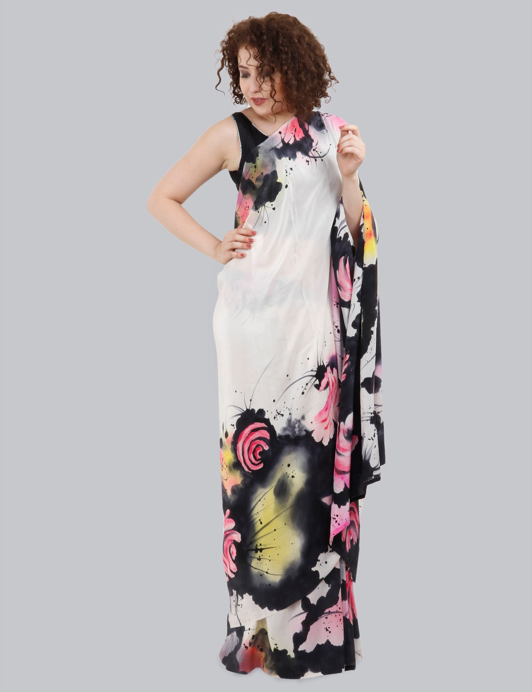 Ivory Hand Painted Saree, Chrysanthemum