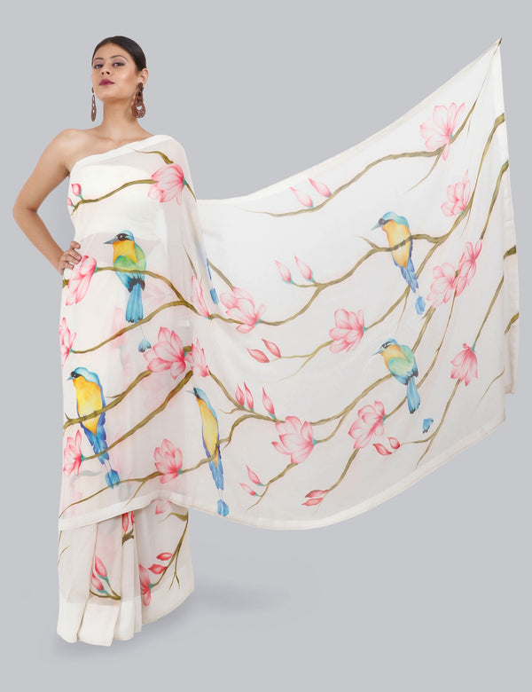 Ivory Hand Painted Saree, Morning Mist